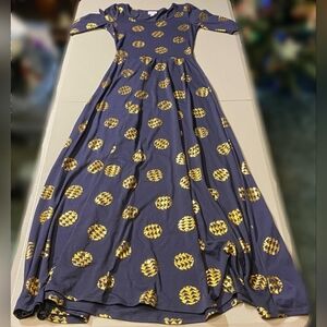 LuLaRoe Elegant Ana Dress Navy Blue Gold Circle Pattern Short Sleeve Maxi EUC
